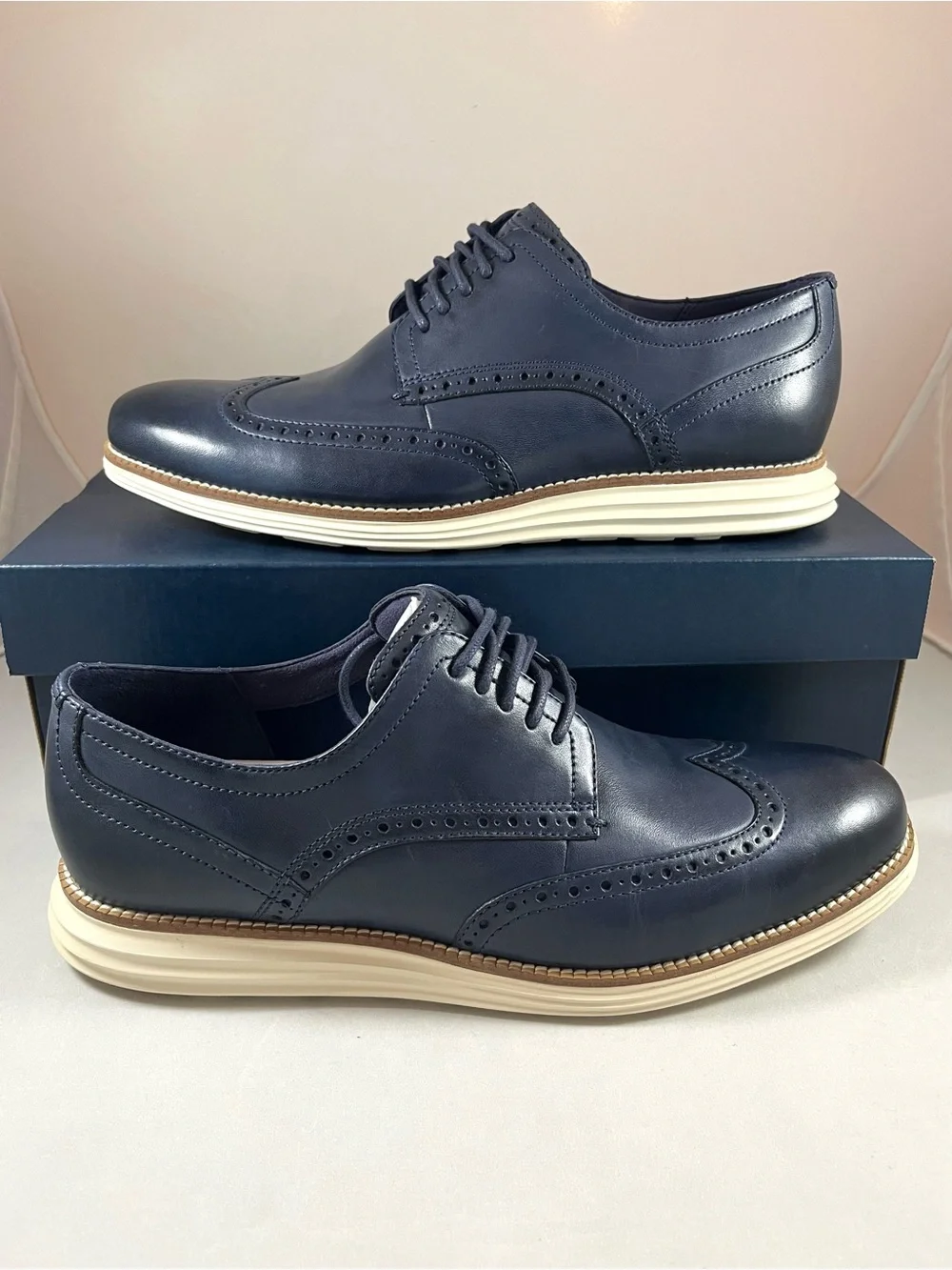 NIB Cole Haan Original Grand Shortwing Navy Leather Oxford with Ivory Sole